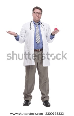 in full growth. General practitioner with a laboratory flask.