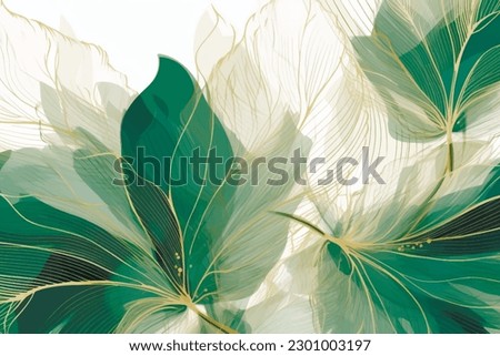 Arrangement abstract watercolor pattern with line art branches, leaves.  Vector modern tropical background. Floral leafy pattern. Fashion trendy abstract arrangements with tropical lines plants, leaf. Royalty-Free Stock Photo #2301003197