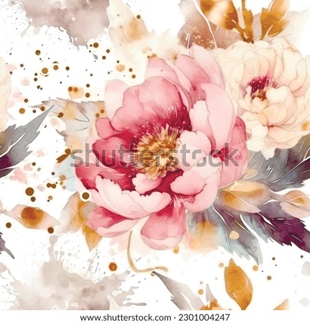 Watercolor beautiful pink peony flowers seamless pattern. Dirty spotty watercolor vector background. Hand drawn paint peonies flowers, leaves. Modern artistic ornament. Endless grunge ornate texture.