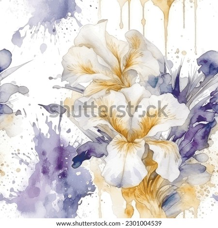 Watercolor beautiful iris flowers seamless pattern. Dirty spotty watercolor vector background. Hand drawn painted flowers, leaves, spot. Modern artistic isolated ornament on white. Endless texture.