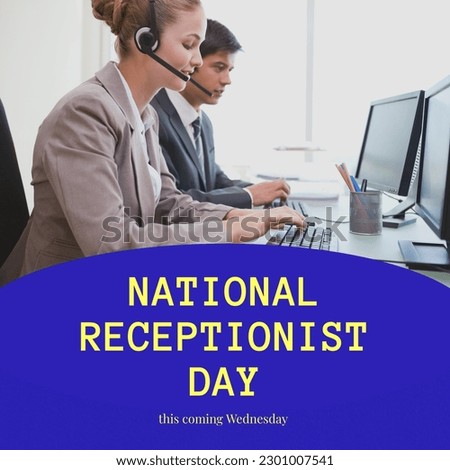 Composition of national receptionist day text over diverse business people in office. National receptionist day, office and communication concept digitally generated image.