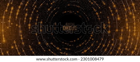 Futuristic circles of golden glowing particles. Digital circular sound wave with lights. Big data visualization into cyberspace. Abstract background of dots. Vector Illustration. EPS 10. Royalty-Free Stock Photo #2301008479