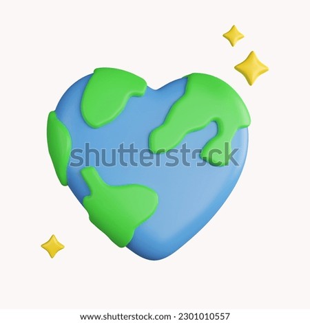 3d heart shaped planet earth. Save Earth. Environment Concept. icon isolated on white background. 3d rendering illustration. Clipping path..