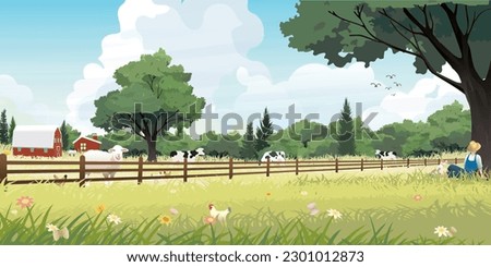 Livestock landscape have farmer sleeping under the big tree with his dog vector illustration. Rural farm flat design for eco or daily products advertisement.