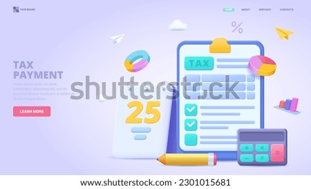 Tax payment, accountant service, personal financial consultant. Three dimensional concept for landing page. 3d vector illustration with characters for website, print, banner. Royalty-Free Stock Photo #2301015681