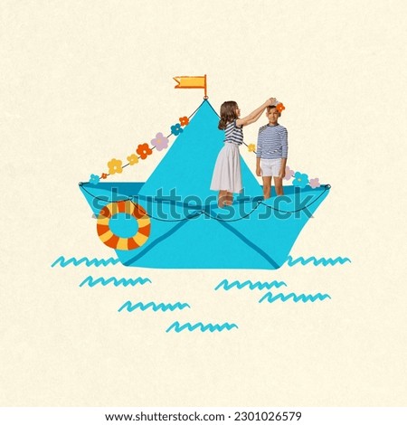 Little boy and girls, children playing together, swimming on illusion boat, having fun. Sailing. Contemporary art collage. Concept of summer vacation, childhood, imagination, fun, inspiration Royalty-Free Stock Photo #2301026579