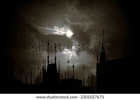 Halloween spooky Cemetery skyline in a full moon night 