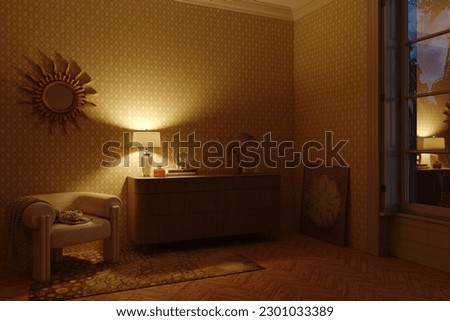Golden beige apartments in night Paris