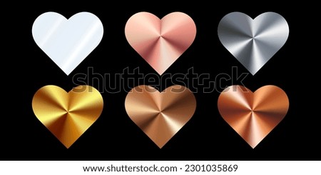 Set of  heart shaped holograms. Aluminum, silver, copper, brass, gold, bronze, pink gold color gradient. Multicolored metal texture.3d vector illustration on a black background.