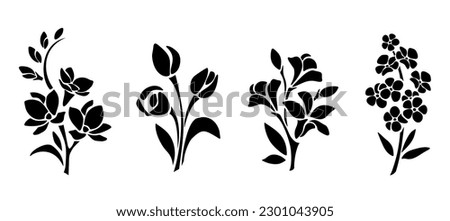 Set of flowers. Black silhouettes of flowers (freesia, tulips, alstroemeria, and forget-me-not flowers) isolated on a white background. Vector illustration Royalty-Free Stock Photo #2301043905