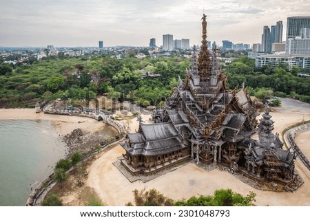 Drone view of the Sanctuary of Truth Museum which is a gigantic all wood construction located at the relaxing Rachvate cape of Naklua Pattaya City.