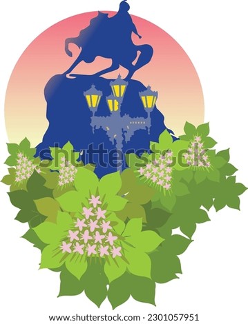 A series of architectural symbols of Kyiv. Statue of Bogdan Khmelnytsky in Kyiv and flowering chestnut trees.  Vector drawing. 