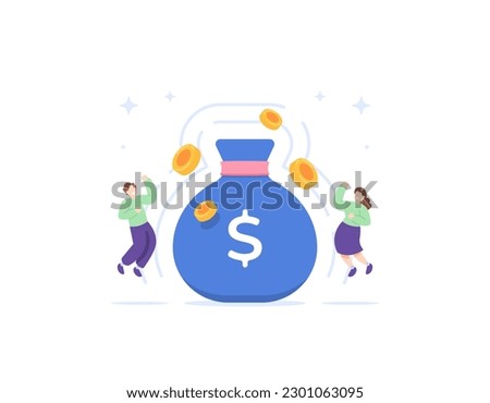 Get big prizes. win the giveaway. royalty program. A man and a woman jump for joy because they got a bag of money. Claim points, coins, or bonuses. illustration concept design. vector elements Royalty-Free Stock Photo #2301063095