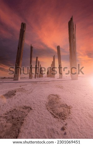 Footsteps on a sunset walk on the great salt lake in utah