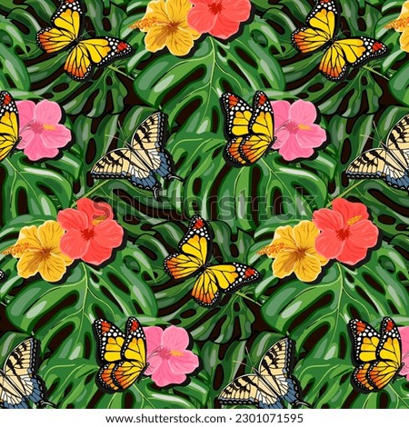 Butterflies on palm leaves.Vector seamless pattern with bright butterflies on palm leaves with flowers.