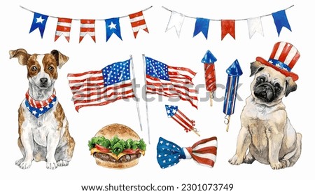 USA Independence Day elements set with American national Flag, garlands, bow, fireworks, hat and american Dog. 4th of July. Watercolor vector for greeting card, invitation, poster, tshirt, mug, print.