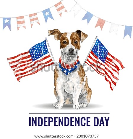 Creative Invitation card decorated with American national Flag, garland and Dog for 4th of July. American Independence Day Party celebration. Jack Russel terrier with USA flag. Watercolor illustration
