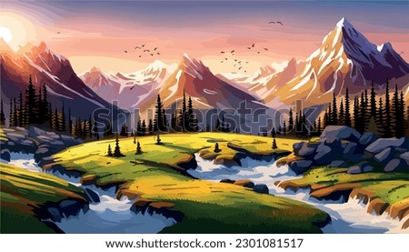 Beautiful fantasy landscape field full of spring, with color, background vector illustration. flowers against backdrop mountains lit by morning