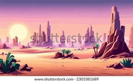 Desert background Summer with sun, sand, clouds, palms Trees Vector design style Nature Landscape. illustration desert oasis with cacti. Cacti flowers coming out of the ground with sand hills banner 