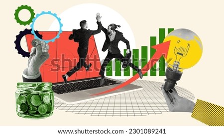 Ambitious men, employees giving high five, celebration financial success. Innovations and trade market. Contemporary art collage. Concept of office, business, career development, cryptocurrency Royalty-Free Stock Photo #2301089241