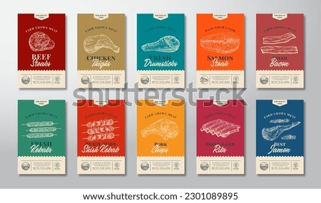 Meat, Fish, Poultry and Kebabs Abstract Vector Packaging Labels Design Set. Modern Typography Banners, Hand Drawn Food Illustrations. Color Paper Background Layouts Collection. Isolated Royalty-Free Stock Photo #2301089895