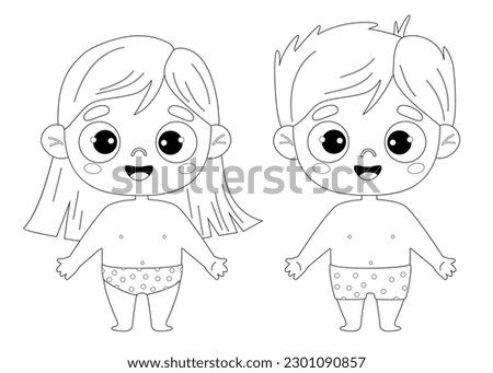 Two cute smiling kids in shorts. Outline drawing coloring book. Vector illustration. Childrens collection. Drawing coloring book. Isolated funny kids on white background.