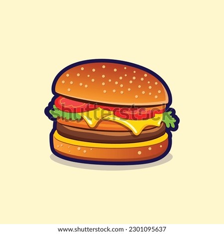 Cartoon cheese Burger vector illustration isolated on yellow background. Flat style Fast food clip art. Restaurant food menu sign and symbol. Western, Mexican, Asian food vector illustration.