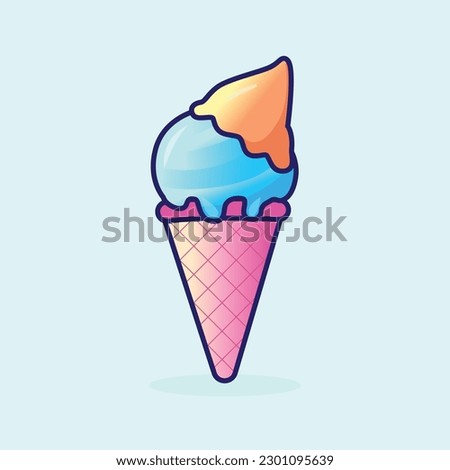 Cute cartoon Ice-cream vector illustration on blue background. Colorful flat style vector cone ice cream. Taste Summer food clip art sign and symbol. Ice cream colorful logo.