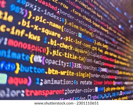 Web development code: CSSSASS styles preprocessor script lines. Programming, webdesign HTML printed code. Digital abstract bits data stream, cyber pattern digital background