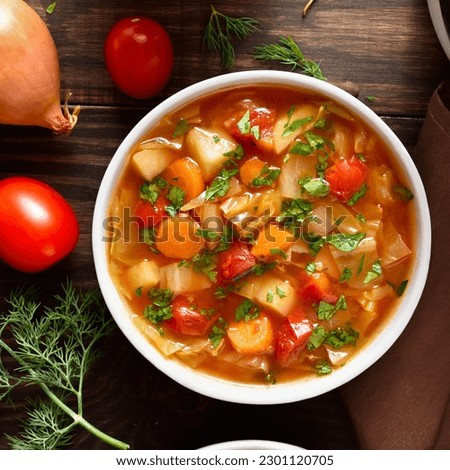 Vegetable soup from cabbage, carrot, potato in bowl over wooden background. Concept of healthy eating. Top view flat lay. Royalty-Free Stock Photo #2301120705