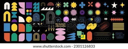 Brutalist abstract geometric shapes and grids. Brutal contemporary figure star oval spiral flower and other primitive elements. Swiss design aesthetic. Bauhaus memphis design