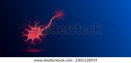 Human nerve cell red translucent low poly triangles on dark blue background. Futuristic glowing organ hologram and copy space for text. Medical and science concept. Banner design vector. Royalty-Free Stock Photo #2301128919