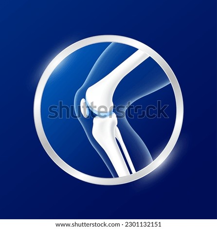 Label aluminum bone healthy with arrow around. Leg knee joint side view. Vitamin and Calcium minerals. logo template for use in product design. Medical food supplement concepts. 3D Realistic Vector. Royalty-Free Stock Photo #2301132151