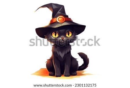 Cute black cat in a witch hat sitting