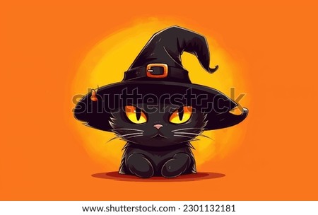 Cute black cat in a witch hat sitting on orange pumpkin