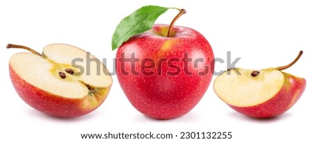 Red apple and apple slices isolated on white background.