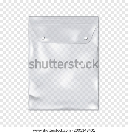 Clear PVC bag with plastic snap button fastener on transparent background realistic vector mock-up. Empty resealable vinyl pouch package mockup. Template for design Royalty-Free Stock Photo #2301143401