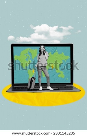 Vertical collage of girl call phone display netbook hold baggage geotags map route planning spend summer abroad isolated on blue background