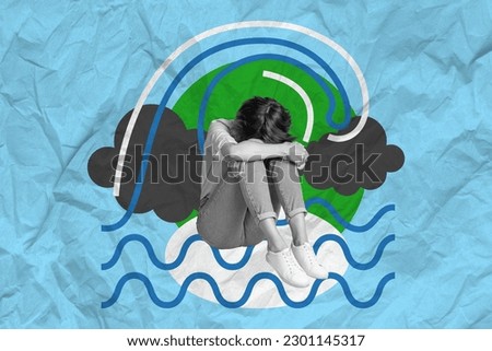 Collage 3d pinup pop retro sketch image of depressed lady feeling bad rainy weather isolated painting background