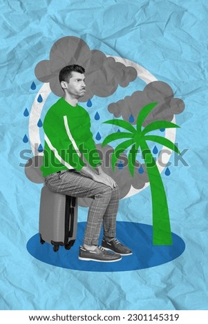 Photo collage artwork minimal picture of bored upset guy flight delay because of storm isolated graphical background