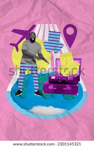 Vertical collage young man traveler packing baggage choose clothes excited summer holidays drawing photo pink background