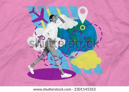 Photo cartoon comics sketch collage picture of excited funky lady planning new global journey isolated creative background