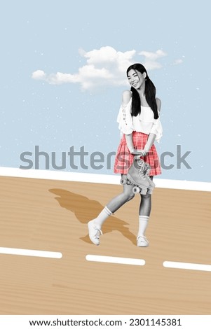 Creative retro 3d magazine collage image of happy smiling lady enjoying riding rollers isolated pastel colors background