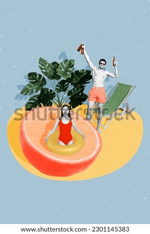 Photo cartoon comics sketch collage picture of funny funky lady guy enjoying resort relax isolated creative background