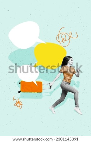 Photo cartoon comics sketch collage picture of funky excited lady hurrying new trip empty space isolated creative background