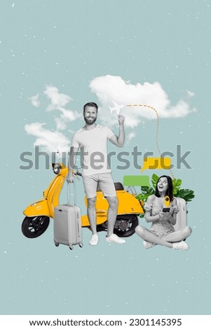 Collage artwork graphics picture of smiling excited couple booking new trip empty space isolated painting background
