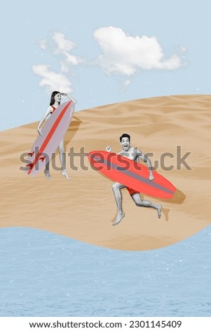 Collage of young couple wear swim clothes running hold surfboard coast enjoy summer relaxdays catch waves isolated on desert background