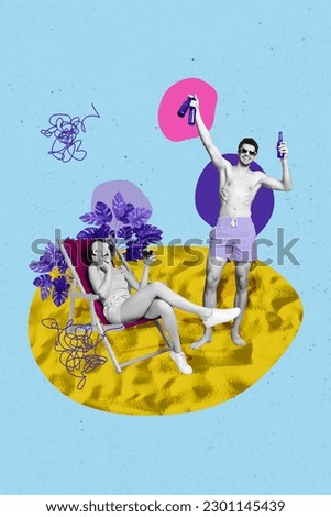 Artwork collage sketch of young couple chilling summer resort holidays weekend drink beer shirtless sunbathe isolated over blue background