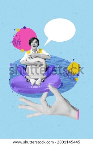 Photo ad collage of young funny girl embracing her baggage tourism sightseeing got lost ocean speech cloud isolated on blue background