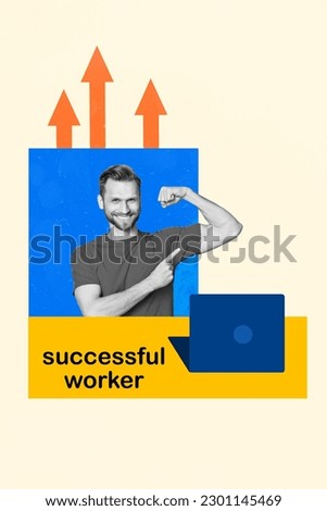 Photo collage picture of young successful strong worker businessman direct finger demonstrate muscle biceps isolated on beige background